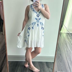 Free People White Dress with Blue Floral Embroidery